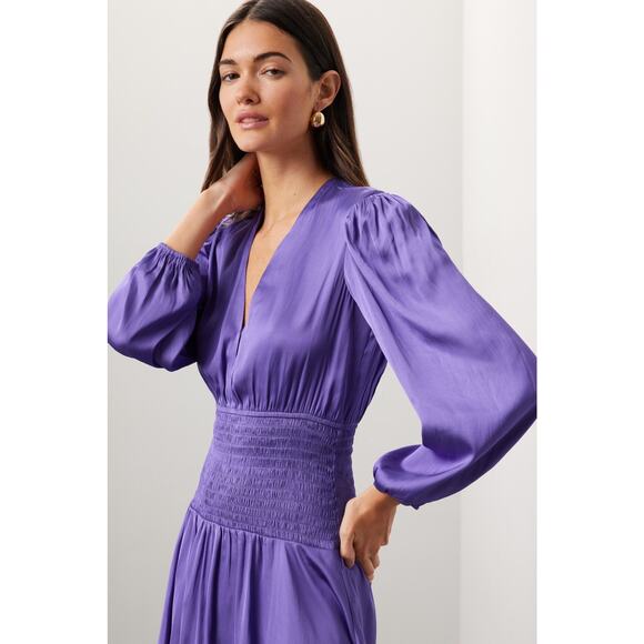 MAJE Purple Satin Smocked Waist Plunge Neck Reloua A-Line Dress Size 36 - Picture 1 of 14